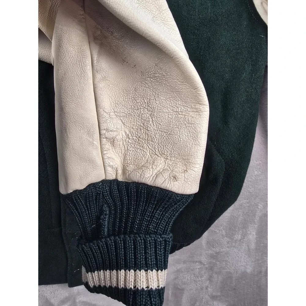 Vintage Lasley Knitting Co Varsity Jacket Mens 42 Green Wool Leather Bomber